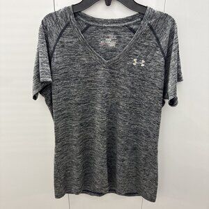 Under Armour Women’s Medium Workout Shirt Heatgear Semi Fitted V-Neck Shirt Gray